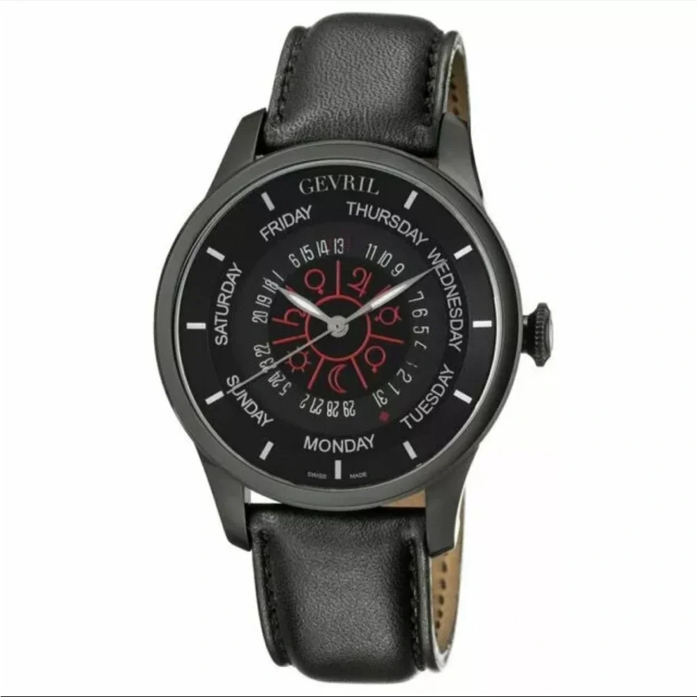 GEVRILColumbus Circle Automatic Black Dial Black Leather Men's Watch 2001 #109
